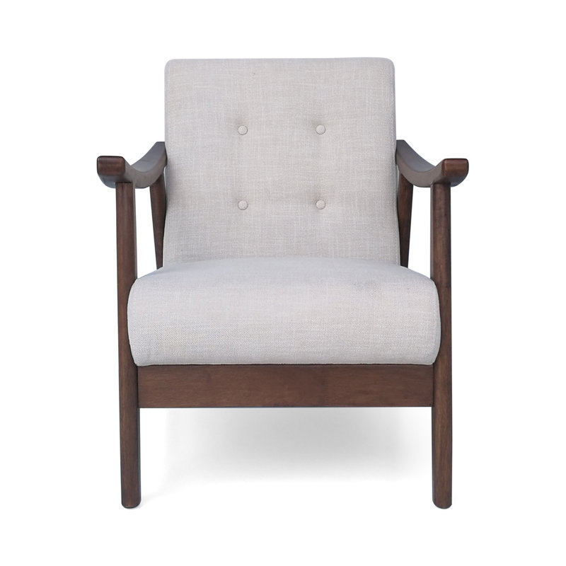 Chaise d'appoint Mid-Century moderne, fauteuil rembourré beige avec structure en bois d'hévéa brun et support solide