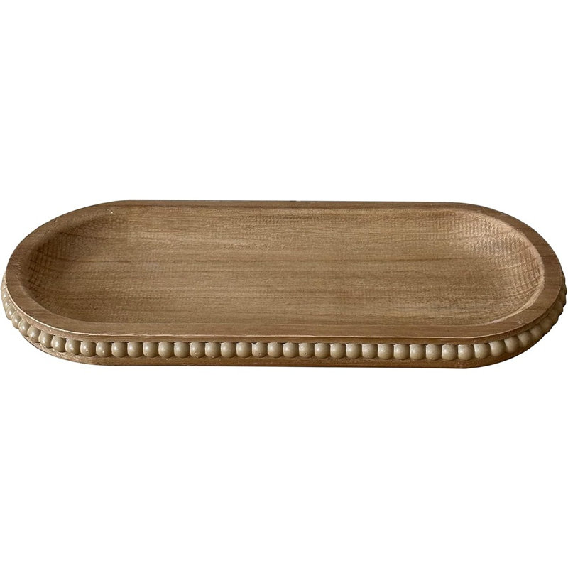 Wooden Farmhouse Decorative Tray, Rustic Beaded Oval Tray For Coffee Table, Kitchen, And Living Room Decor