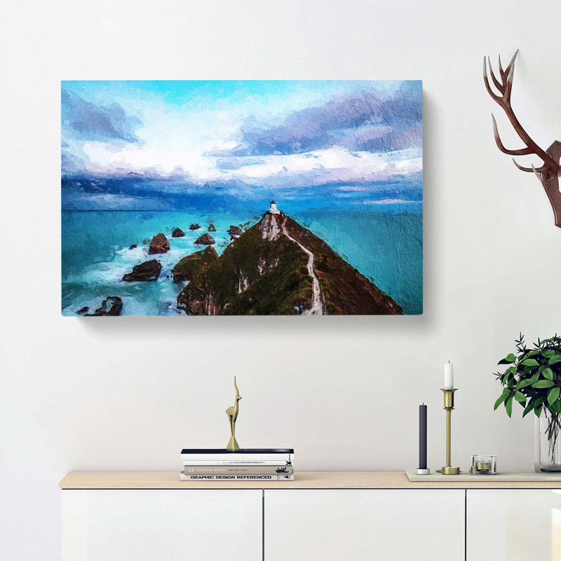Lighthouse & Seascape New Zealand - Wrapped Canvas Painting, 50cm H x 76cm W x 3cm D
