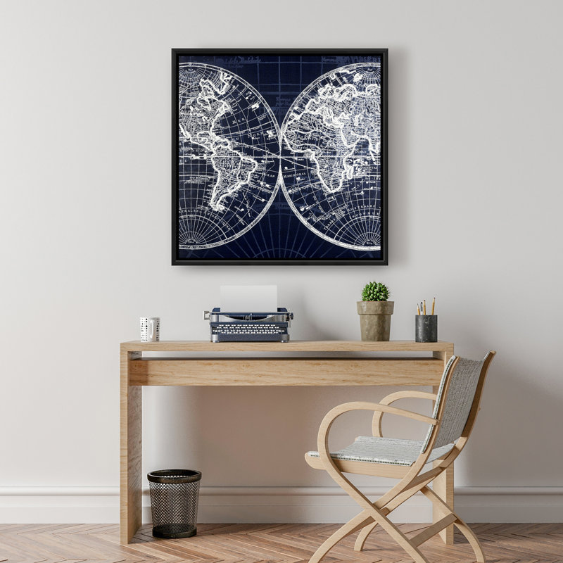 World Map Blue Print - Blue Framed Canvas Home Decor