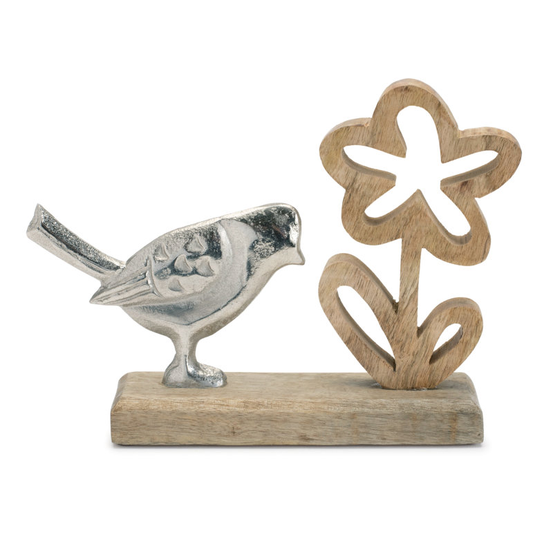Oiseau en métal et fleur sur base en bois (ensemble de 2)