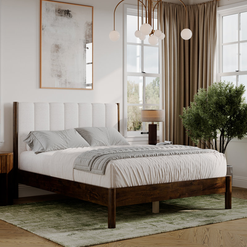 Mavi Solid Wood Upholstered Bed Frame, Queen