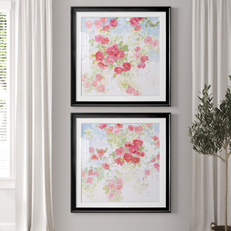 «Pink Pleasure I», ensemble de 2 reproductions d'art encadrées, H 26,5 po x l 53 po x P 1,5 po, Toile avec cadre noir, Blanc