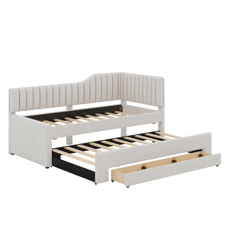 Upholstered Daybed With Trundle And Drawers, Beige, Twin