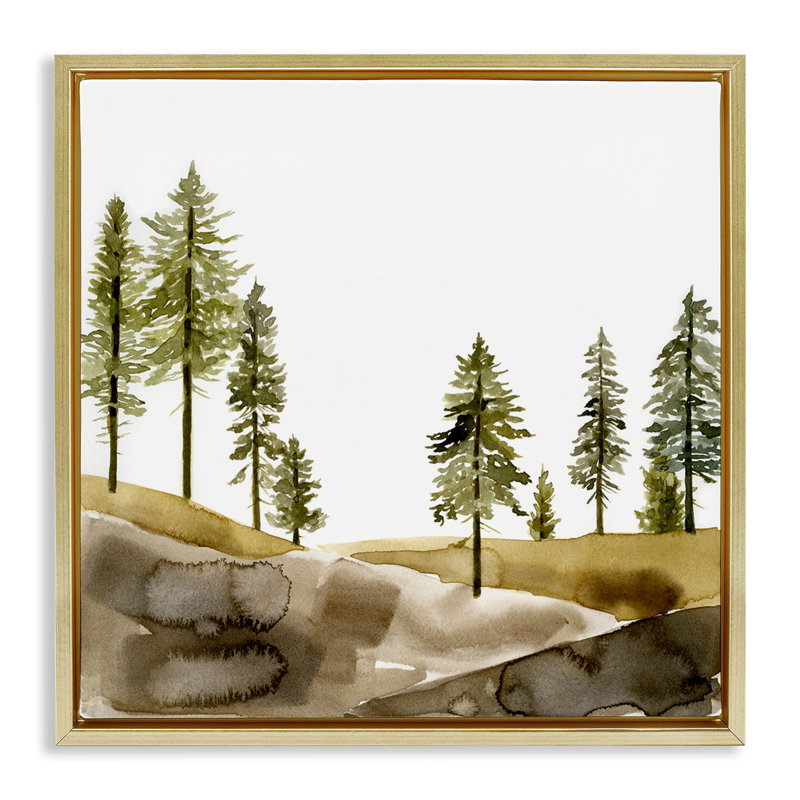 «Pine Tree Forest Watercolor Grain» par Jacob Green, H 18 po x l 18 po, Cadre flottant métallique doré