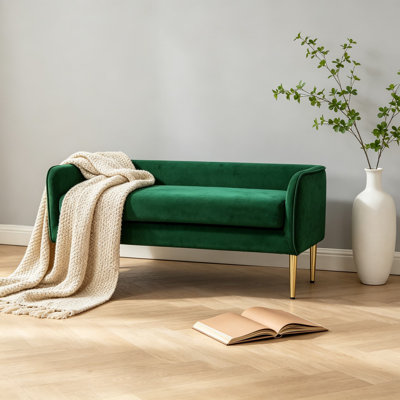 Audrey Collection Modern Velvet Upholstered Bench With Sturdy Gold Metal Legs, 52-Inch Wide, Green Finish, Contemporary Living Room Entryway Seating