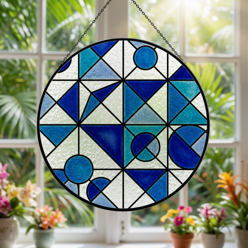 Vitrail géométrique bleu 7,8 po, H 7,8 po x l 7,8 po