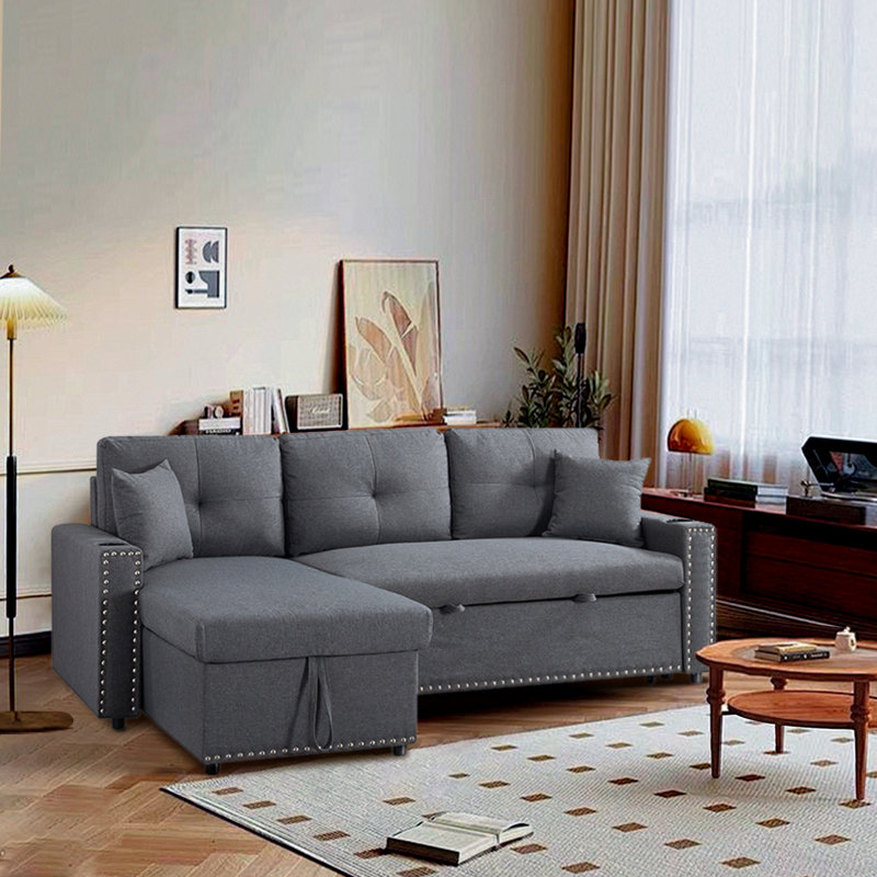 Canapé-lit modulaire convertible en L avec méridienne de rangement et lit escamotable, 100 % polyester gris clair