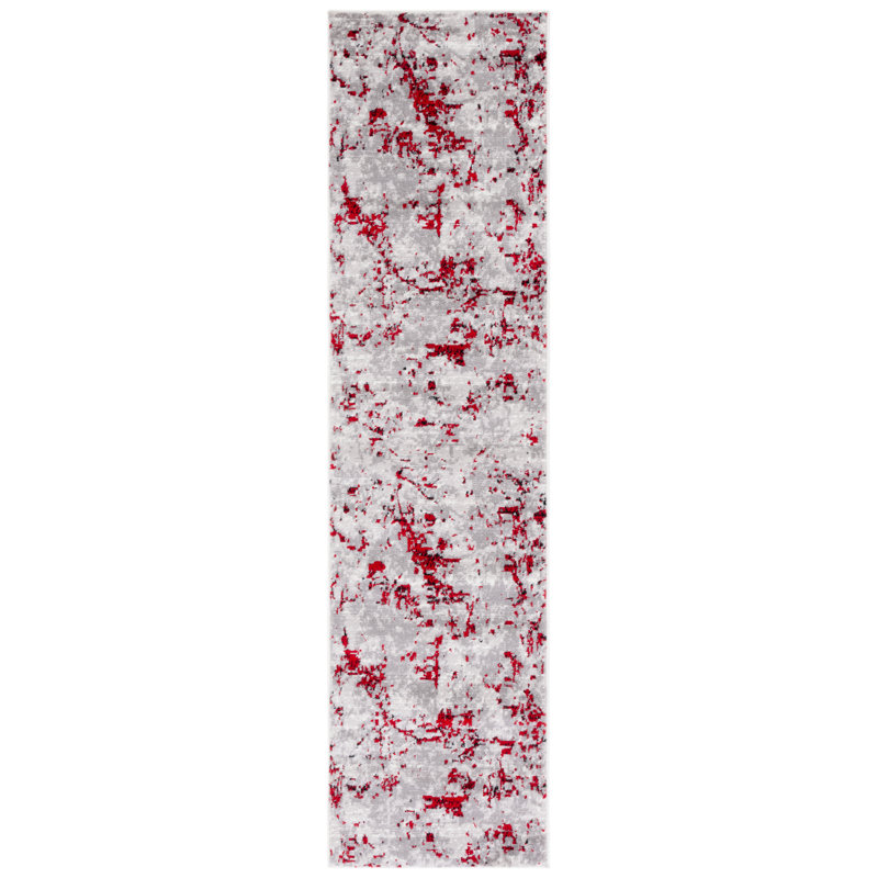 Tapis gris / rouge à motif abstrait, Tapis de couloir 2 pi x 8 pi