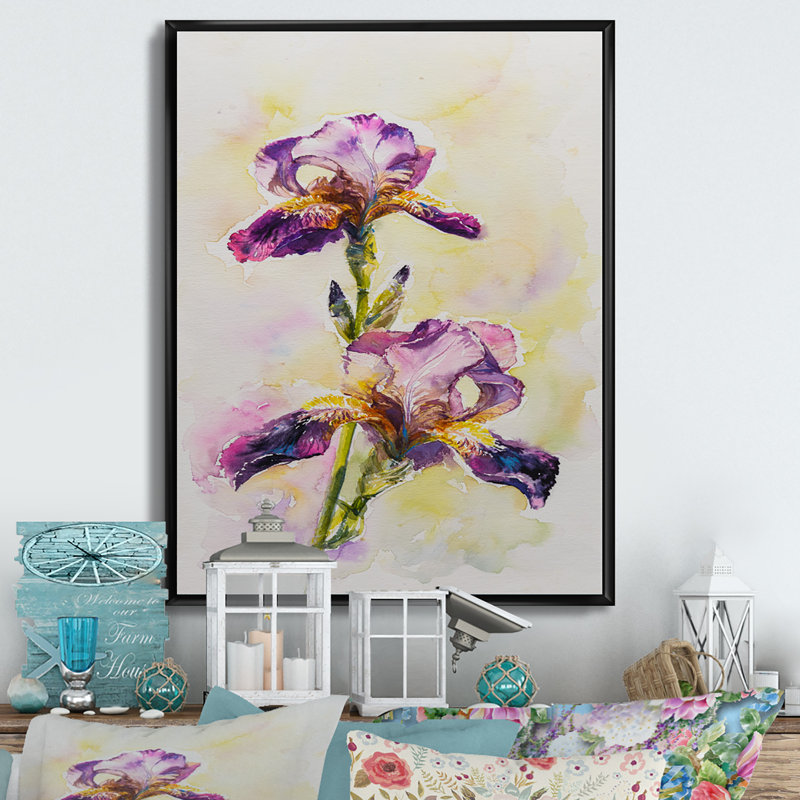 Aquarelle Iris fleur rose - décoration murale traditionnelle sur toile, H 20 po x l 12 po x P 1 po
