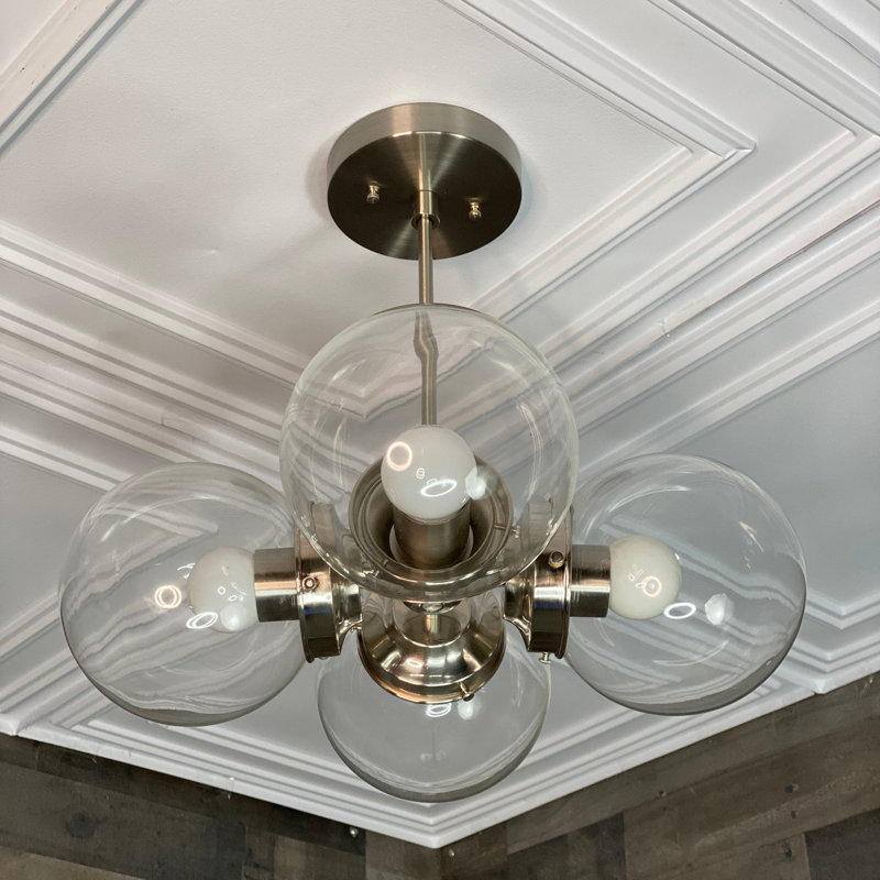 Lustre moderne 5 lumières Mid-Century, Nickel brossé, Transparent