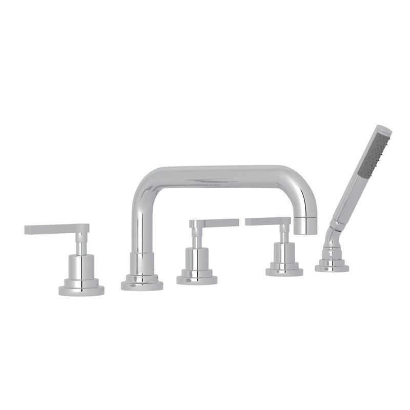 Lombardia® Deck Mounted Roman Tub Faucet, Polished Chrome, Industrial Metal Wheel Handle