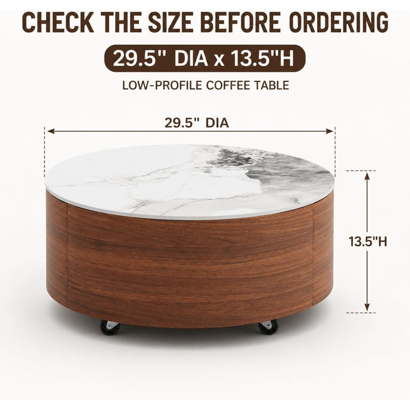 Table basse ronde moderne mobile avec roulettes et 2 tiroirs, Walnut