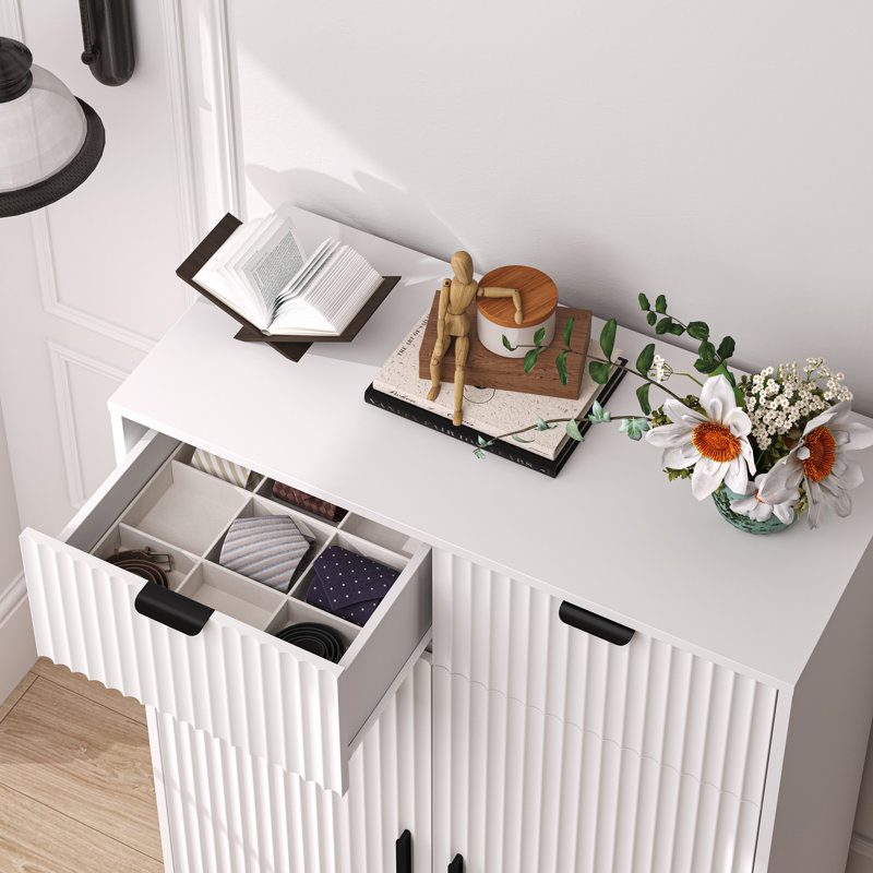 Wavy-Design Double-Door Shoe Cabinet Large Capacity, Adjustable, White