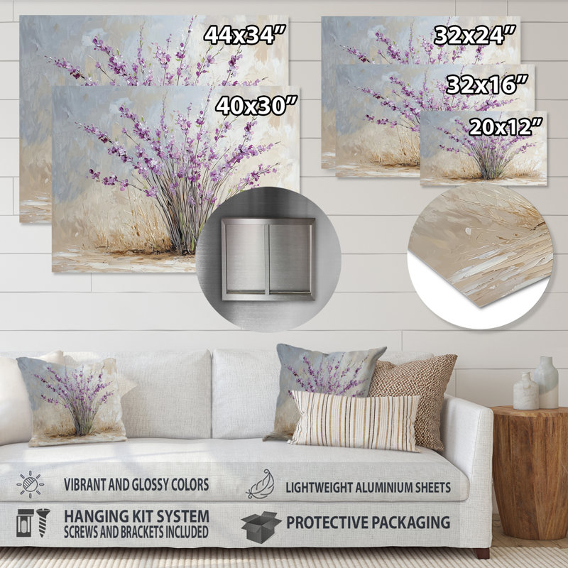 Bouquet de lavande minimaliste - impression murale en métal lavande, H 12 po x l 20 po