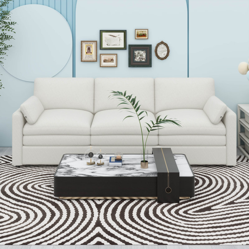 Canapé moderne à 3 places avec coussin épais, canapé rembourré confortable avec 2 coussins, Beige