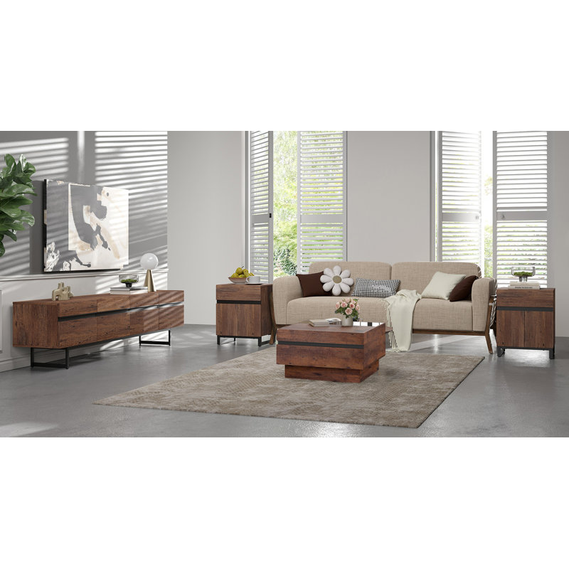 Aadam Living Room Table Sets Of 4, 70 Inch TV Stand, 1 Square Coffee Table With Tempered Glass Top,And 2 End Table, Entertainment Center, Console Table