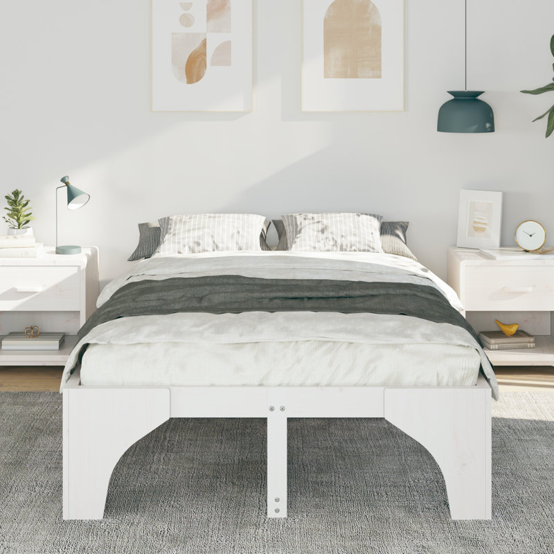Floor Bed Frame Solid Pine Wood, Double (4'6), White
