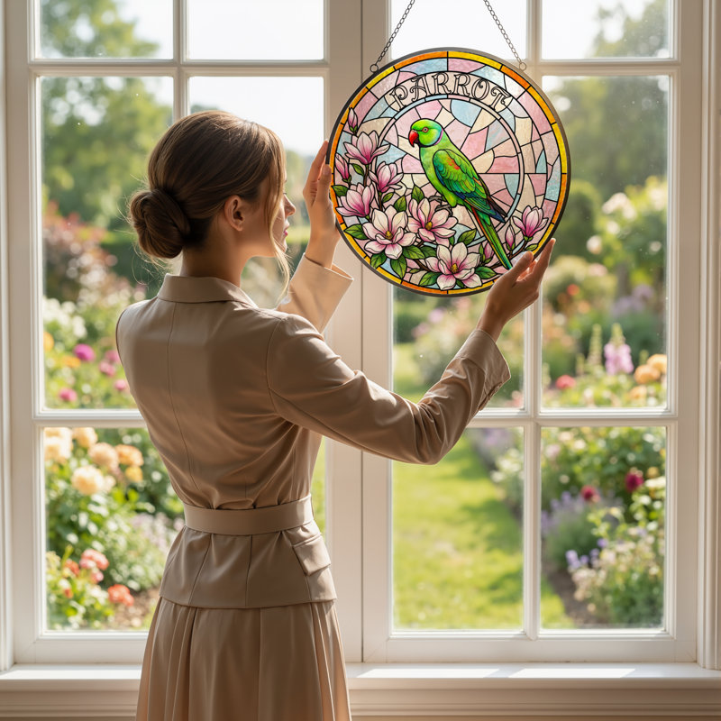 Panneau de vitrail 12 "H Parrot Flowers, H 12 po x l 12 po