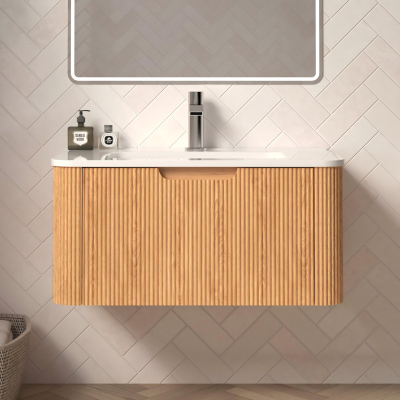 Meuble-lavabo flottant simple 30 po avec lavabo, meuble-lavabo mural moderne avec tiroir à fermeture en douceur, noyer naturel