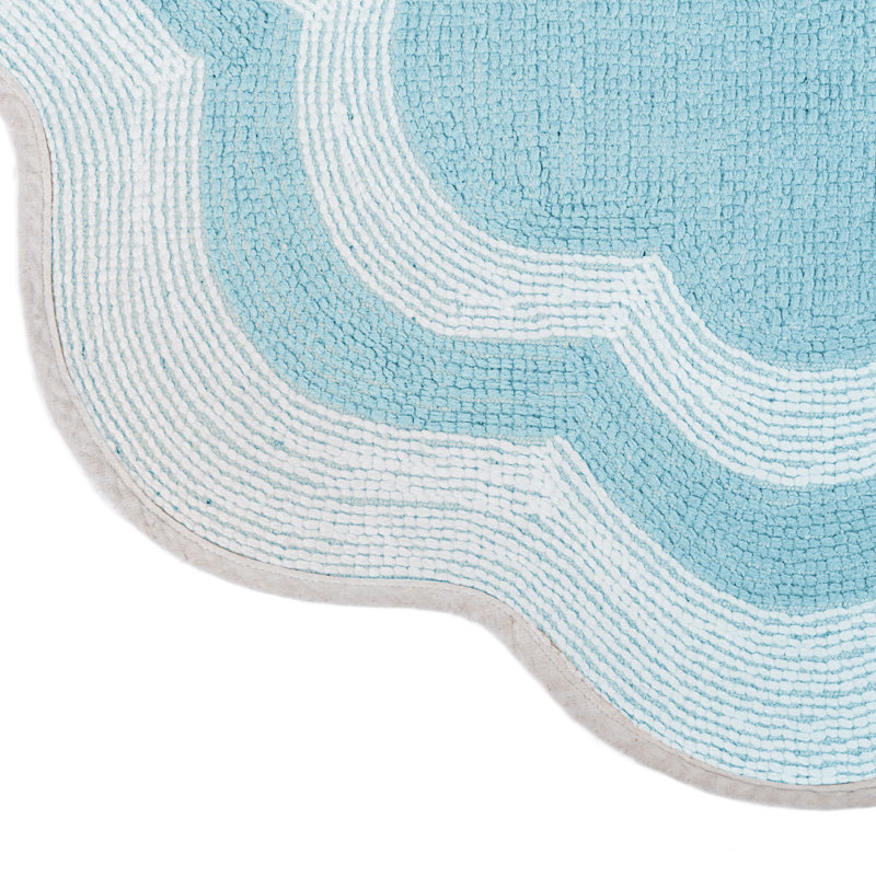 Tapis de bain 100% coton, Blanc / bleu ciel au centre