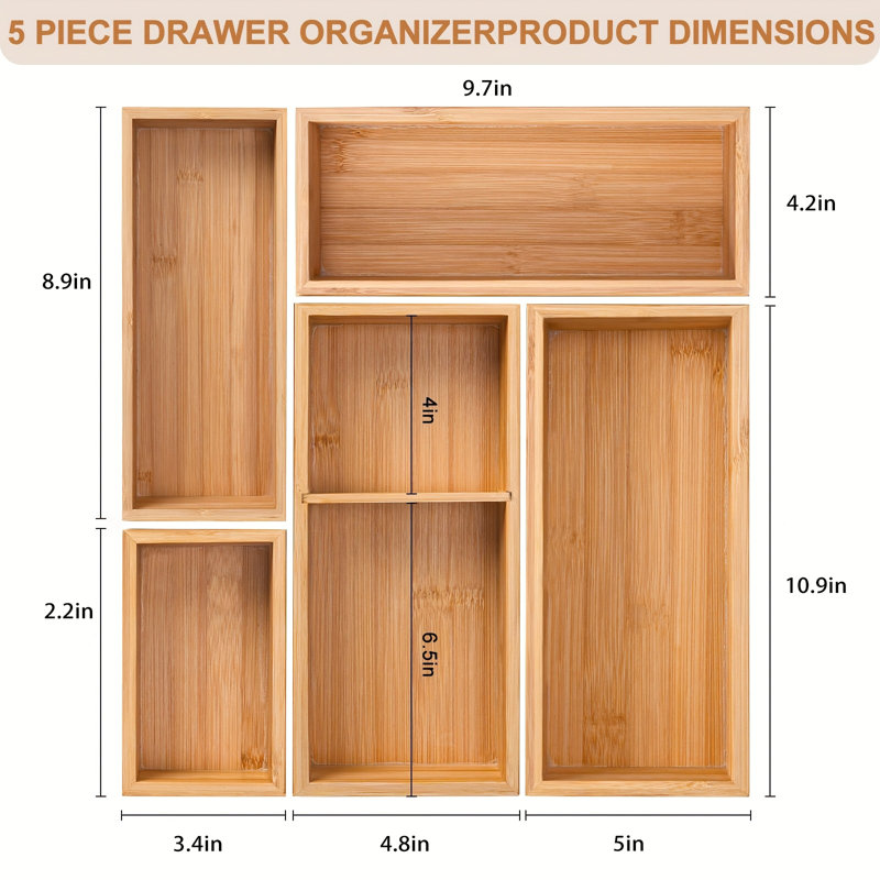 Bamboo Drawer Organizer 5pcs for Kitchen Multi-purpose Storage Dividers for Kitchen, Office, Jewelry, Cosmetics, Wooden Drawer Dividers for Drawer Organizer Desk Organizer,