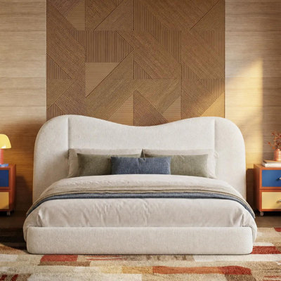 King Size M-Shape Upholstered Bed Frame With Oversized Headboard Off White