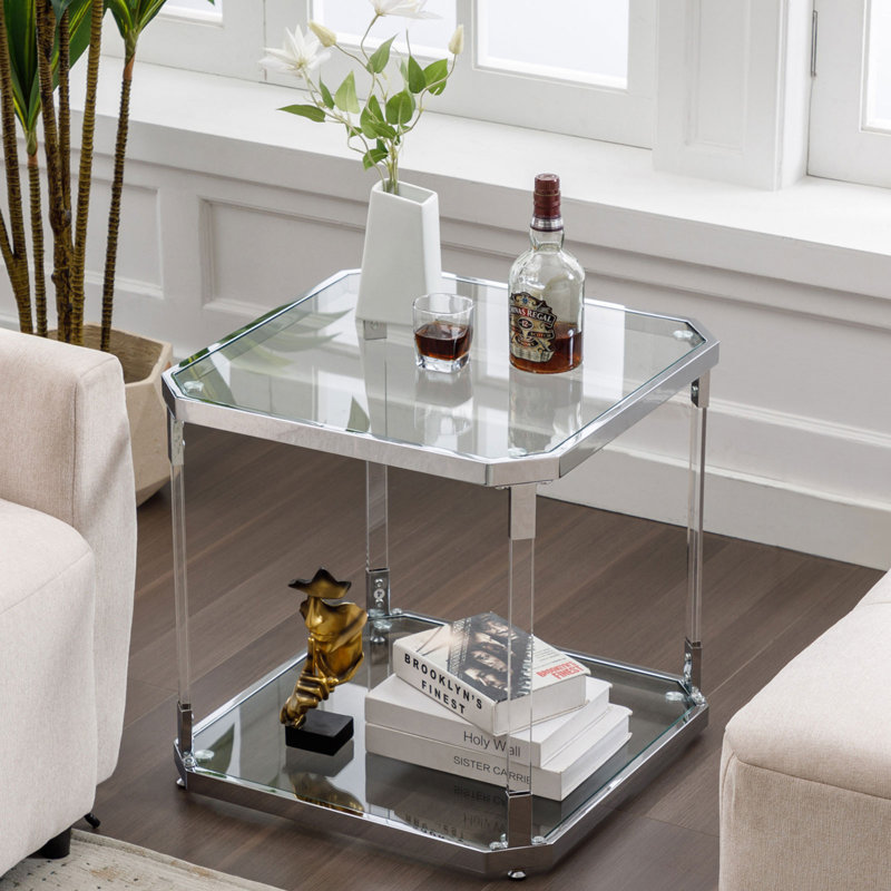 Table de bout carrée moderne en verre avec tablette de rangement Saziye