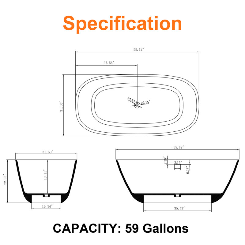 55 in. x 32 in. Stone Resin Solid Surface Freestanding Flatbottom Soaking Bathtub in Matte White, 55"H x 32"W