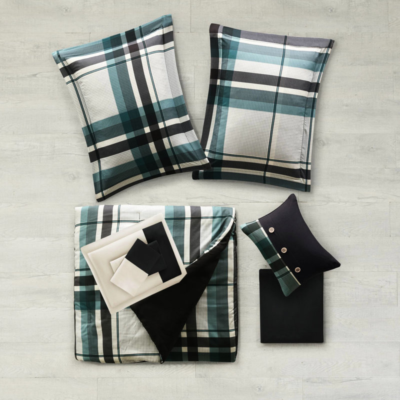 Queen Microfiber 9 Piece Comforter And Sheet In Teal Black Plaid - Proof, Fabric, Queen Comforter + 5 Additional Pieces