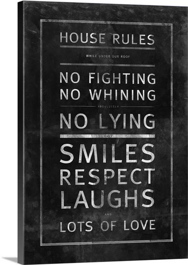 « house rules » par kate lillyson, art textuel sur toile, H 48 po x l 32 po x P 1,25 po