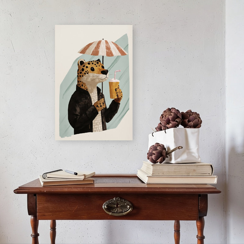 Cool Jaguar Milkshake Modern Whimsical Cat Animal Wall Art Print by Mathieu - Wrapped Canvas Print, 60.96cm H x 40.64cm W