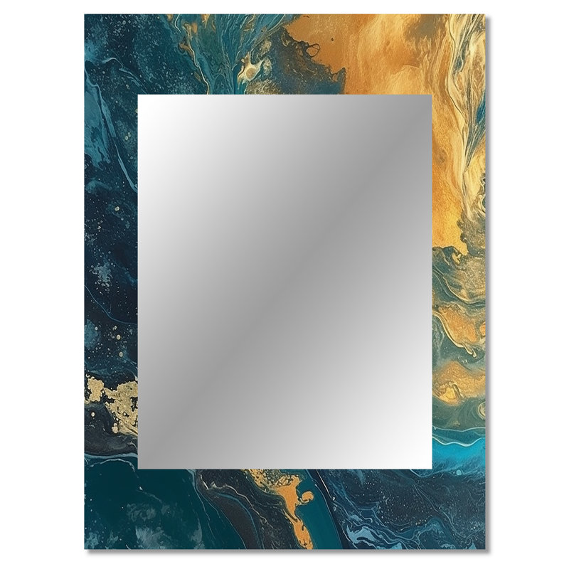 Golden Sunshine en bleu profond océan abstrait III - peinture abstraite unique miroir mural, miroir doré, impression sur métal