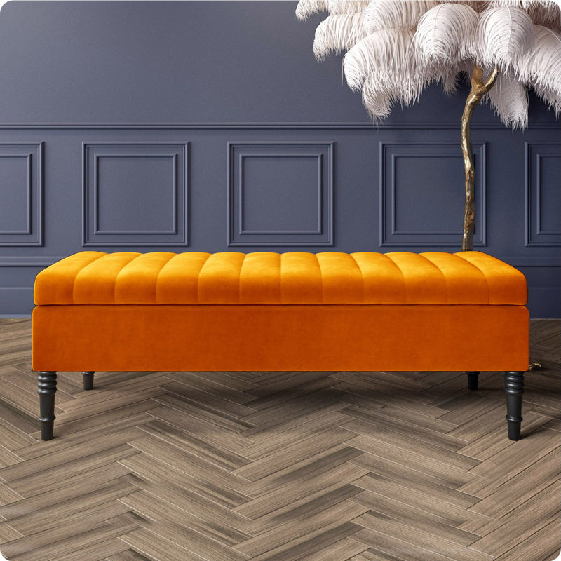 Safar Striped Ottoman Storage Bench – Upholstery Plush Velvet Shoe Bench with Black Turned Wooden Legs, Burnt Orange