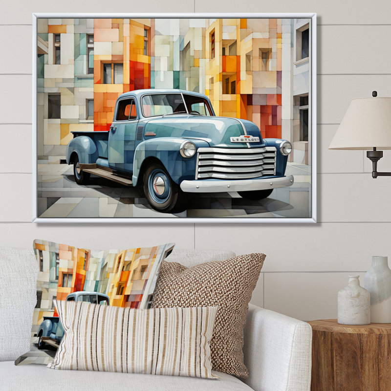 " Pickup Truck Geometric Abstraction II ", 24" H x 32" W x 1" D, White Floater Framed