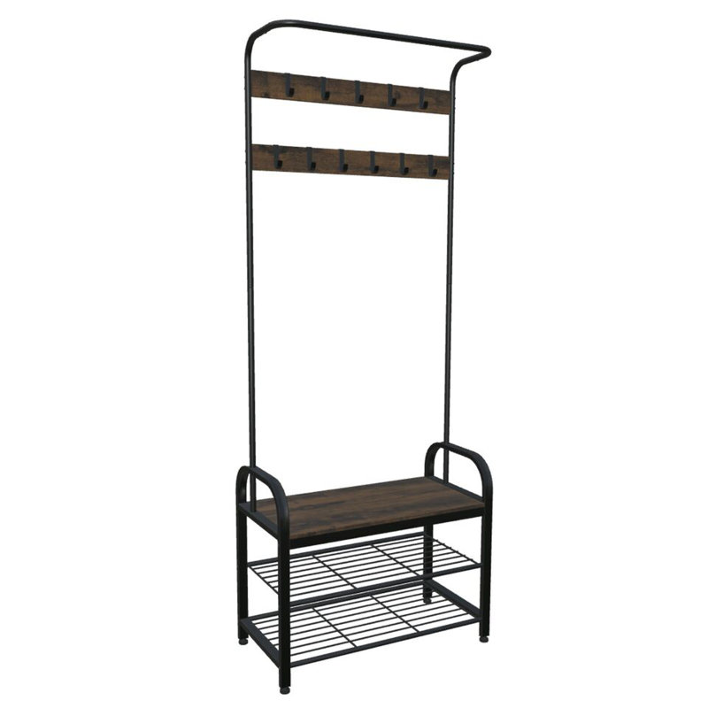 Adkisson Metal Freestanding 10 - Hook Coat Rack, Black/Rustic Oak