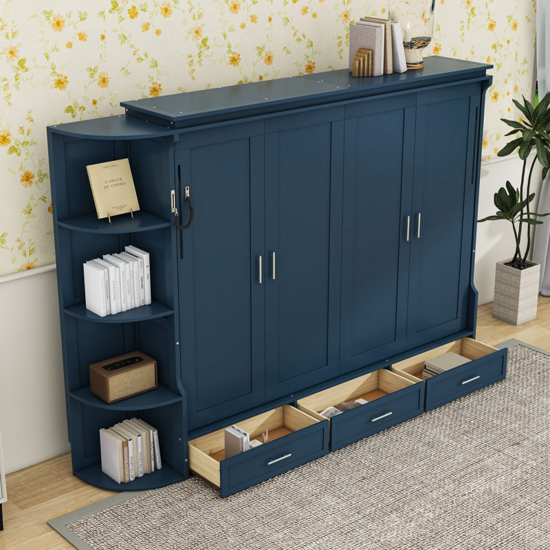 Lit escamotable peu encombrant avec tablettes latérales et tiroirs, Lit double, Bleu