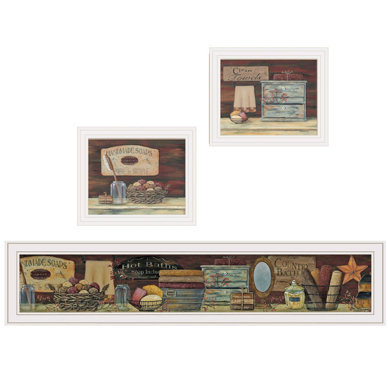 "Country Bath 1", art mural encadré 3 pièces pour salon, maison, par Pam Britton, 14" H x 39" W x 1" D, White Framed