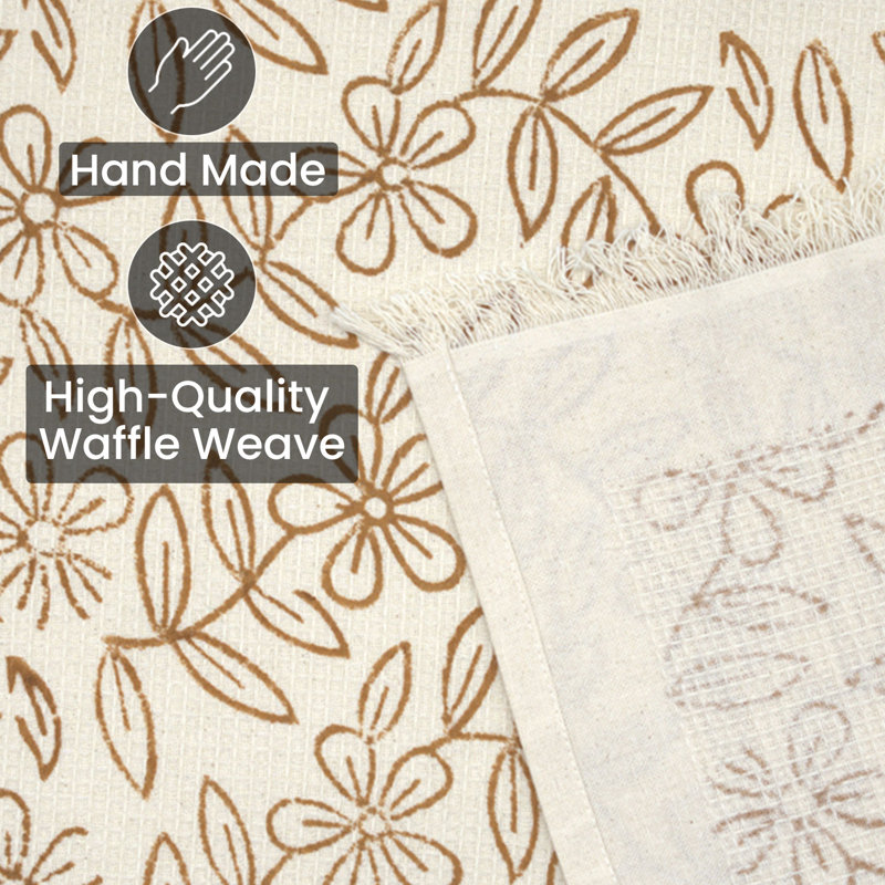 Floral Block Print Honey Comb Weave Cotton Fabric Set of 4 Hand Towel, Lily