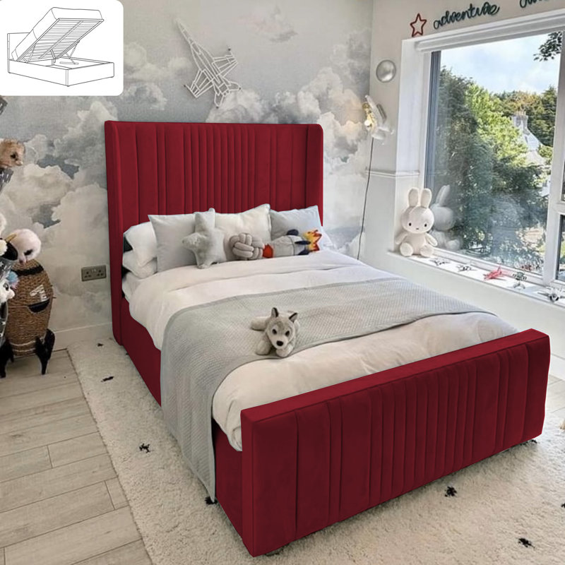 Monai Bed - Wingback Ottoman Storage with Plush Velvet Gas Lift and Headboard, Burgundy