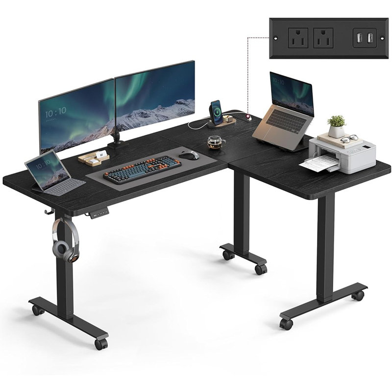 Bureau debout électrique en forme de L, bureau de coin réglable en hauteur avec prises de courant et 2 boutons de mémoire, bureau personnel