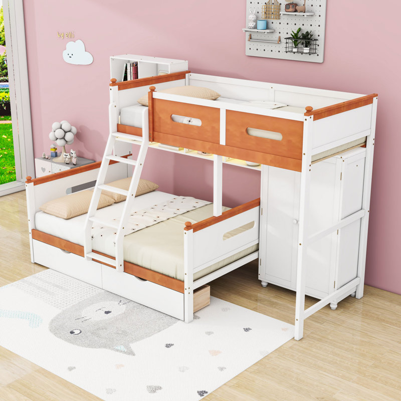 Lit simple superposé au dessus d'un lit double avec garde-robe, tiroirs, tablettes et éclairage DEL