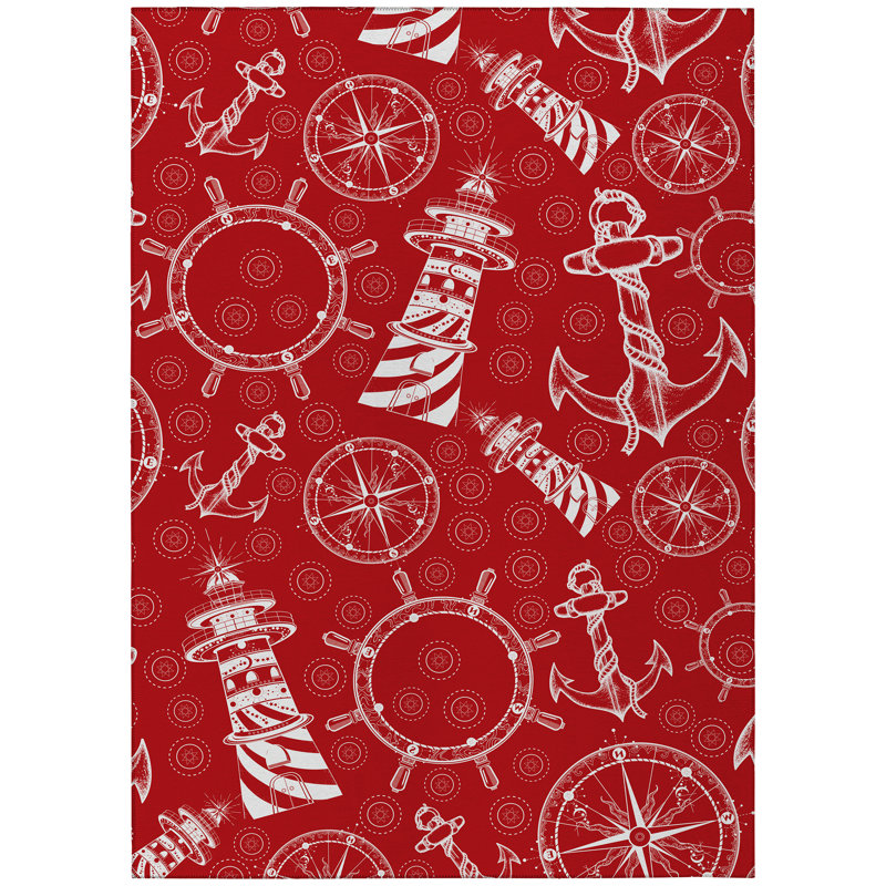 Tapis intérieur / extérieur en polyester tissé à la machine rouge rubis Lahoma, Rectangle 8 pi x 10 pi