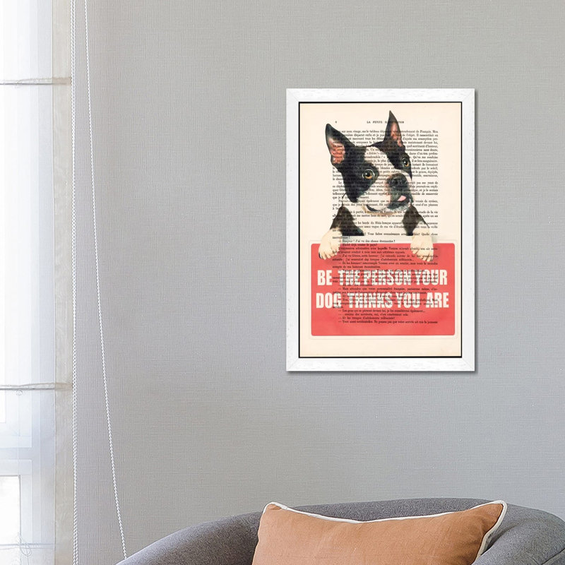 Boston Terrier With Message by Coco De Paris - Print on Canvas, 66.04 cm H x 45.72 cm W, White Floater Framed