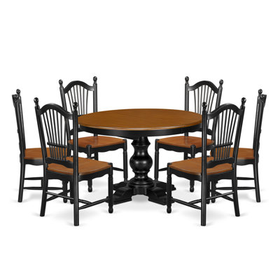 Ensemble de table de cuisine 7 pièces composé d'une table de cuisine en bois massif avec rallonge et base piédestal, 6 chaises en bois, dossier à lattes, finition noire
