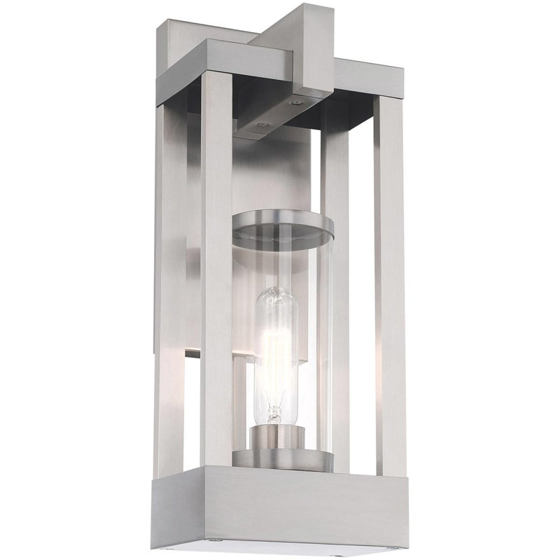 Luminaire suspendu d'extérieur 1 lumière avec abat-jour en verre transparent, Nickel brossé, H 16 po x l 6,25 po x P 6,25 po
