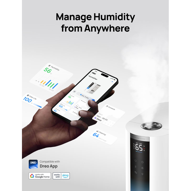 Humidificateur intelligent Dreo 6 l pour grandes pièces, autonomie de 60 h, brume chaude et froide, chauffe en 5 minutes, minuterie 12 h, humidité précise avec éclairage RVB dynamique, remplissage par le haut, idéal pour la maison, la chambre et les plantes.