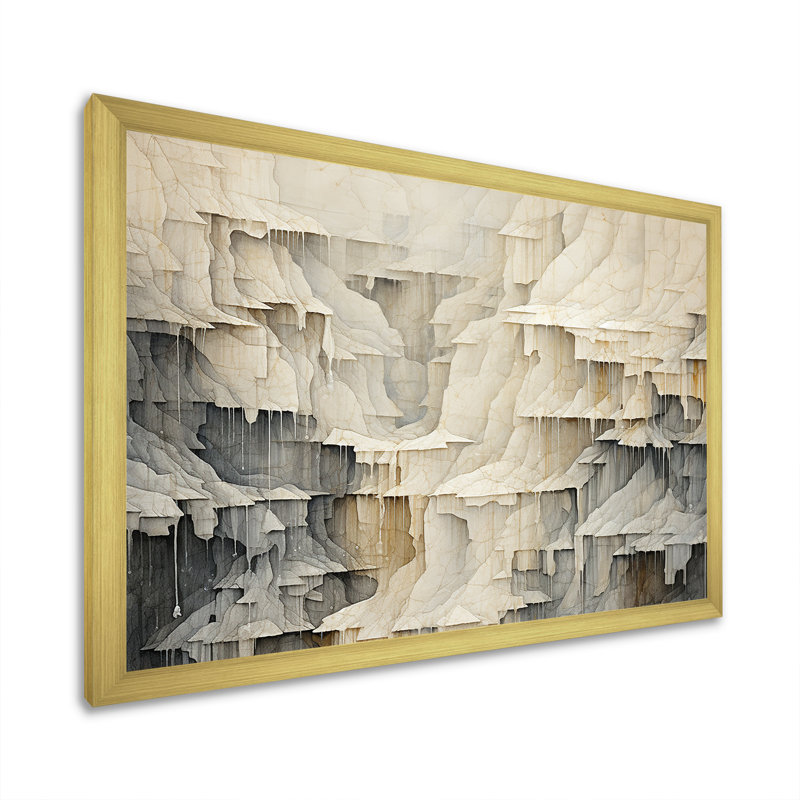 Chute d'eau beige et grise simple - Cascade, art mural, Cadre doré simple, H 34 po x l 44 po x P 1,5 po