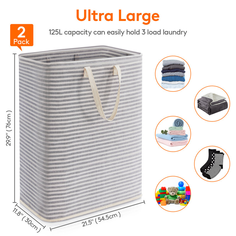 Paquet de 2 paniers à linge pliables, panier à linge autoportant et imperméable avec poignées faciles à transporter dans la salle de lavage Chambre à coucher, dortoir pour adultes, gris, 2 x 125L