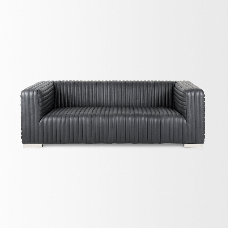 Mcnew Upholstered Sofa, Black Genuine Leather, 26.5" H x 82.5" W x 38.5" D